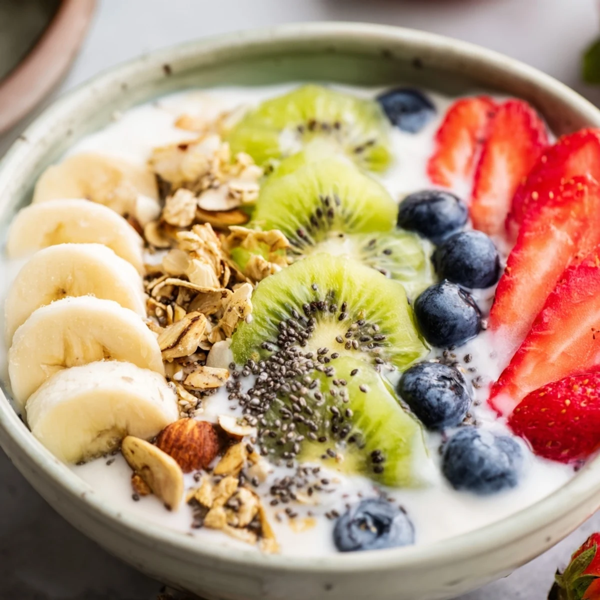 A close-up of a healthy breakfast bowl topped with fresh strawberries, sliced bananas, blueberries, and kiwi on creamy Greek yogurt, sprinkled with crunchy granola and honey.