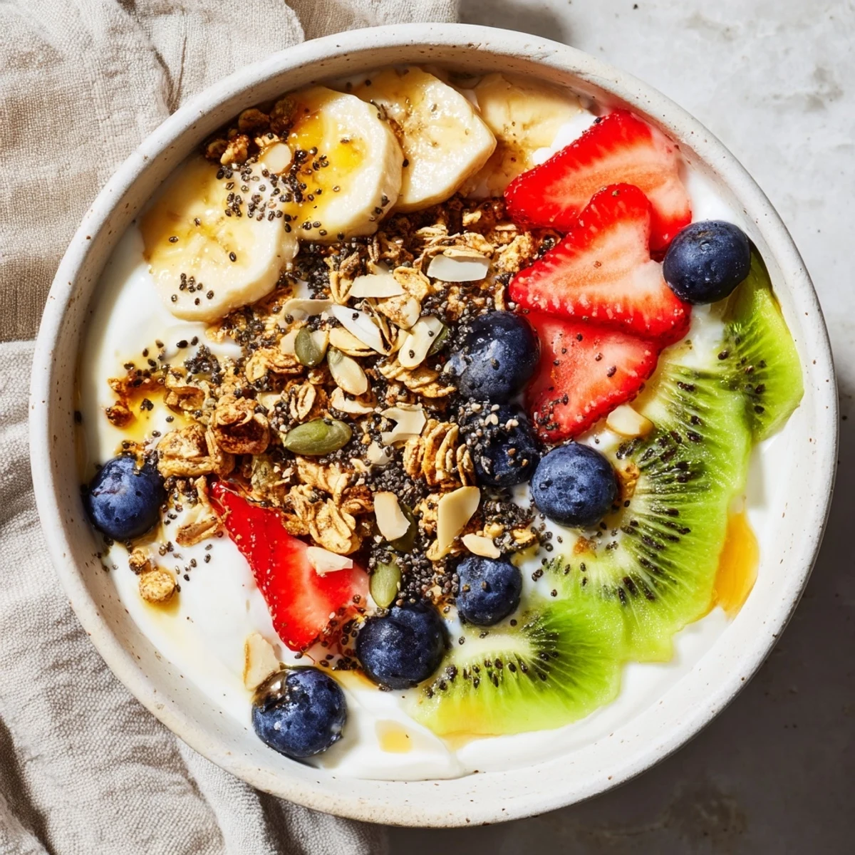 This beautiful healthy breakfast bowl features layers of Greek yogurt, chia seeds, and vibrant fresh fruits, finished with a drizzle of honey and chopped almonds.