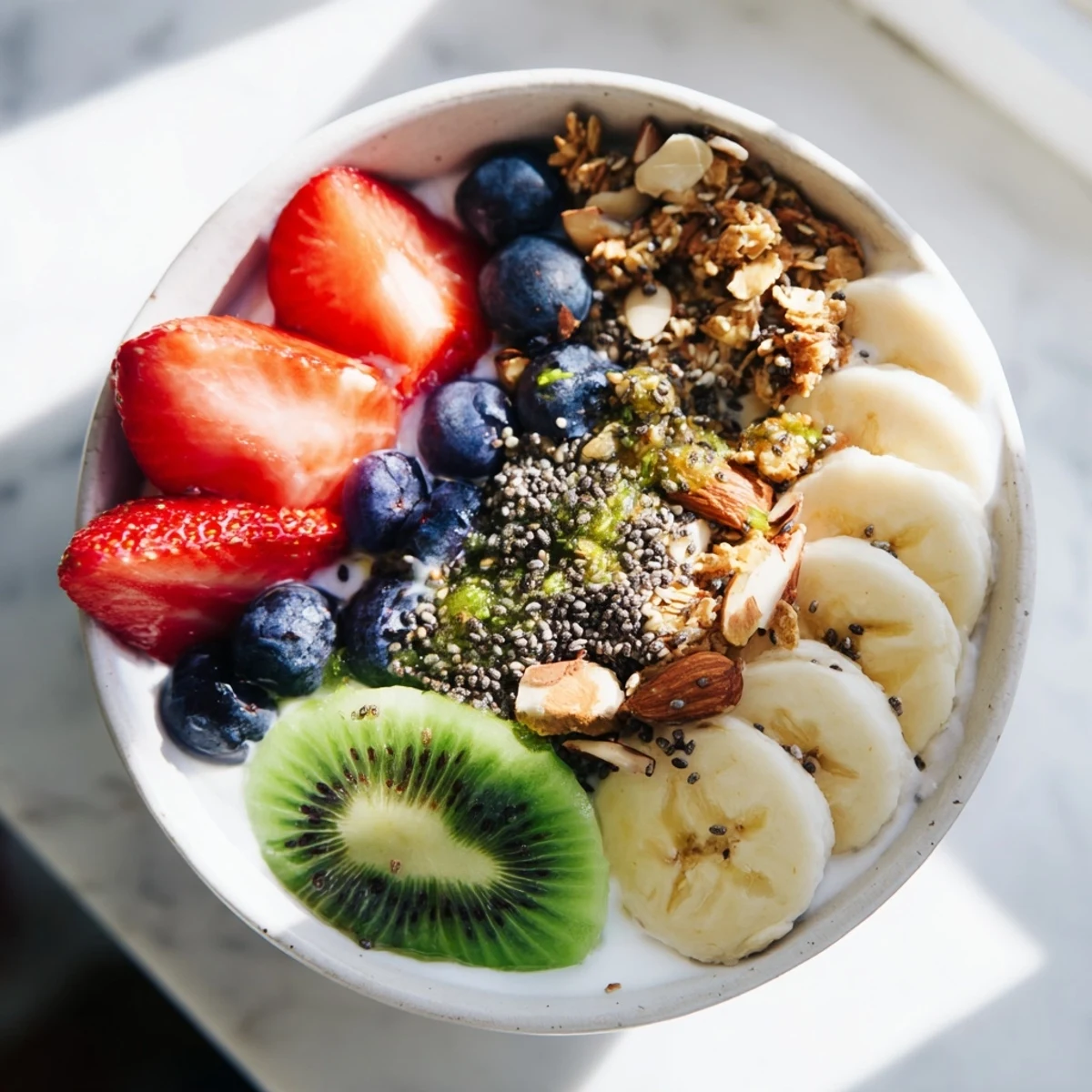 Enjoy a wholesome healthy breakfast bowl with creamy yogurt, crunchy granola, fresh berries, and banana slices, perfect for a nutritious and energizing morning meal.