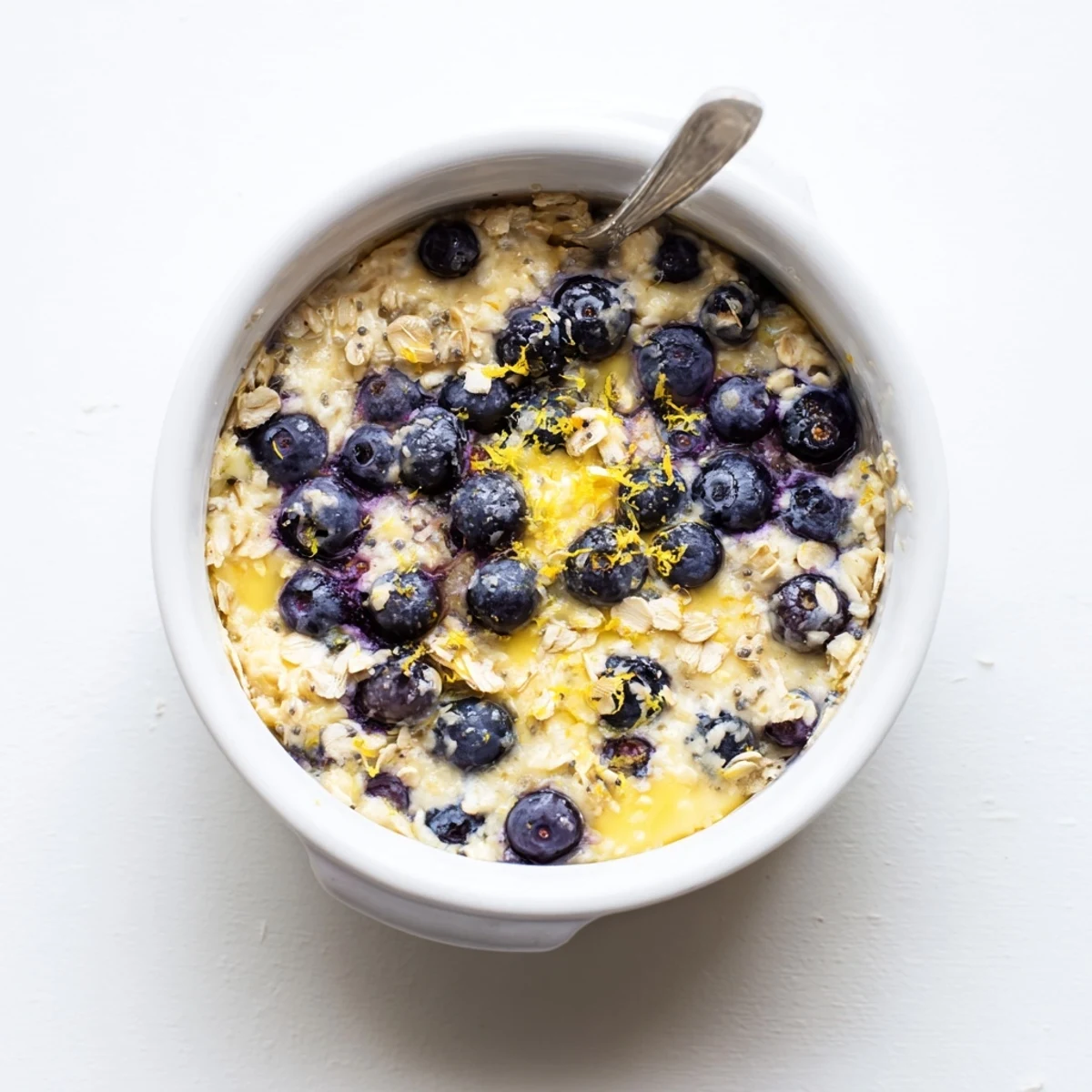 Golden brown Baked Blueberry Cottage Cheese Breakfast Bowls fresh from the oven with a bubbling berry topping.