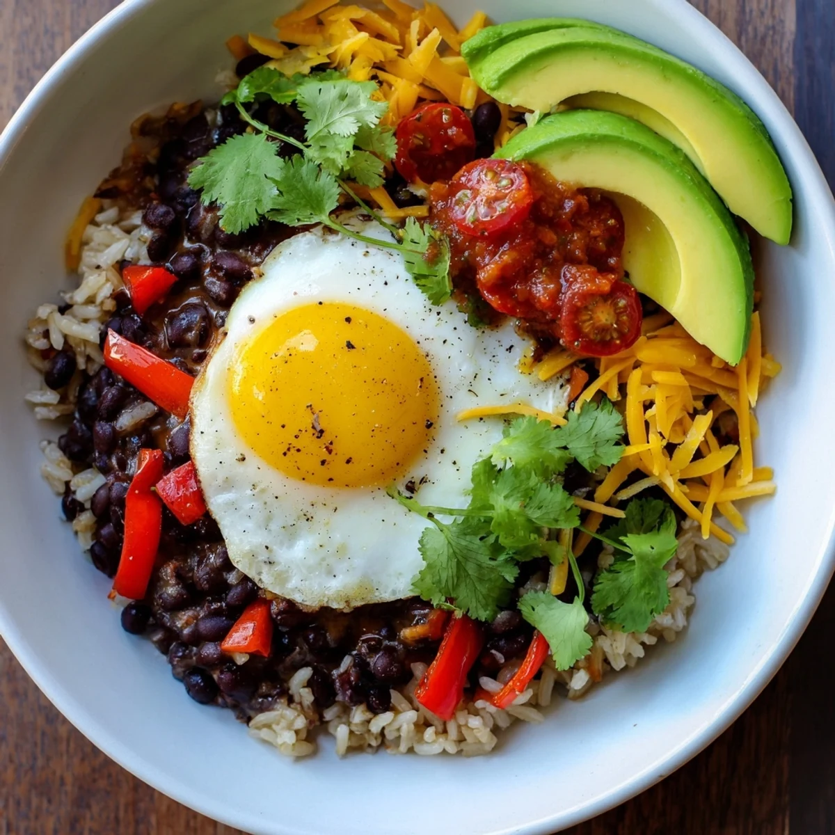 A close-up of Tex Mex Inspired Breakfast Bowls with fluffy scrambled eggs, black beans, and diced red bell peppers on a bed of rice.
