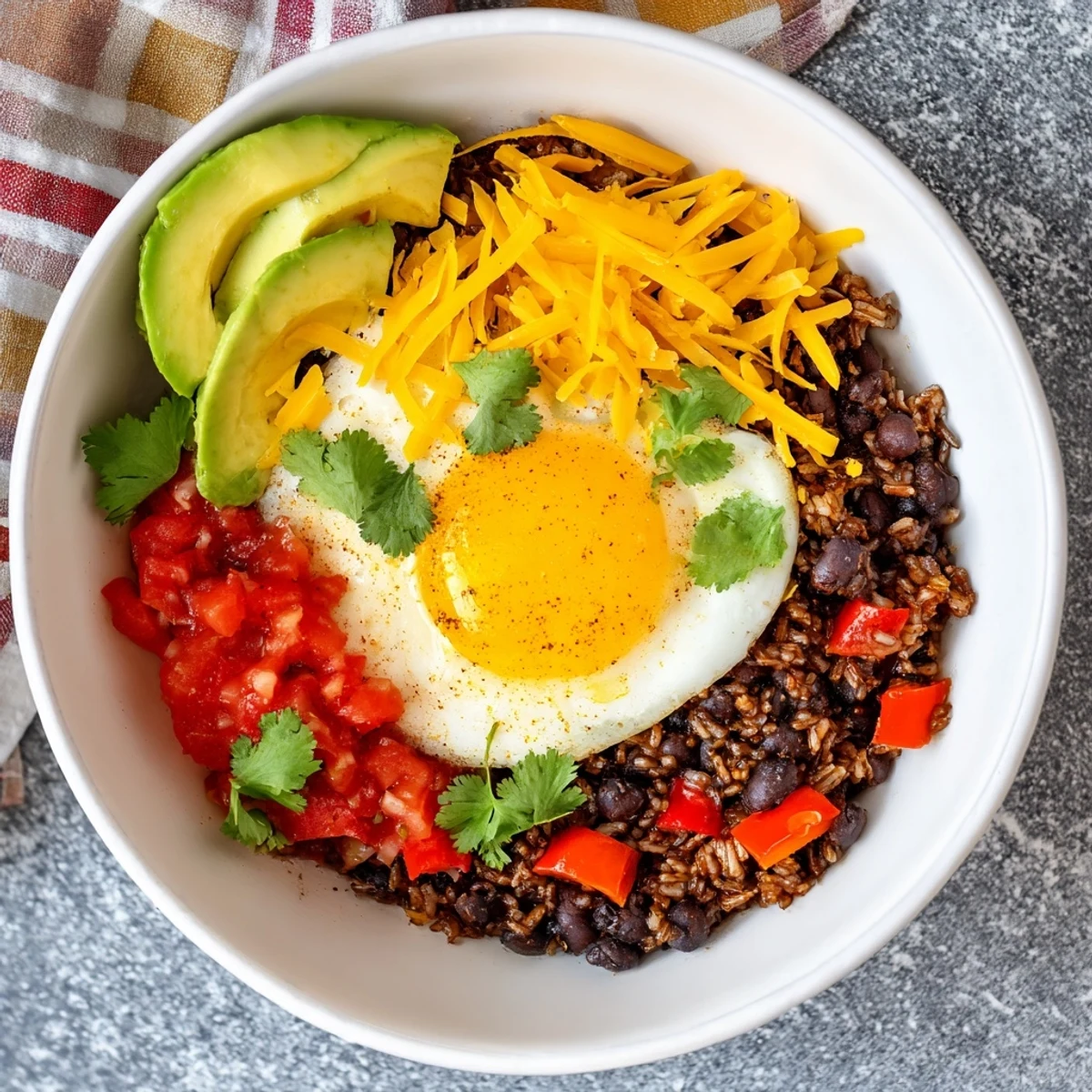 Overhead view of Tex Mex Inspired Breakfast Bowls topped with sunny side up eggs, salsa, and jalapeños, garnished with lime wedges for serving.