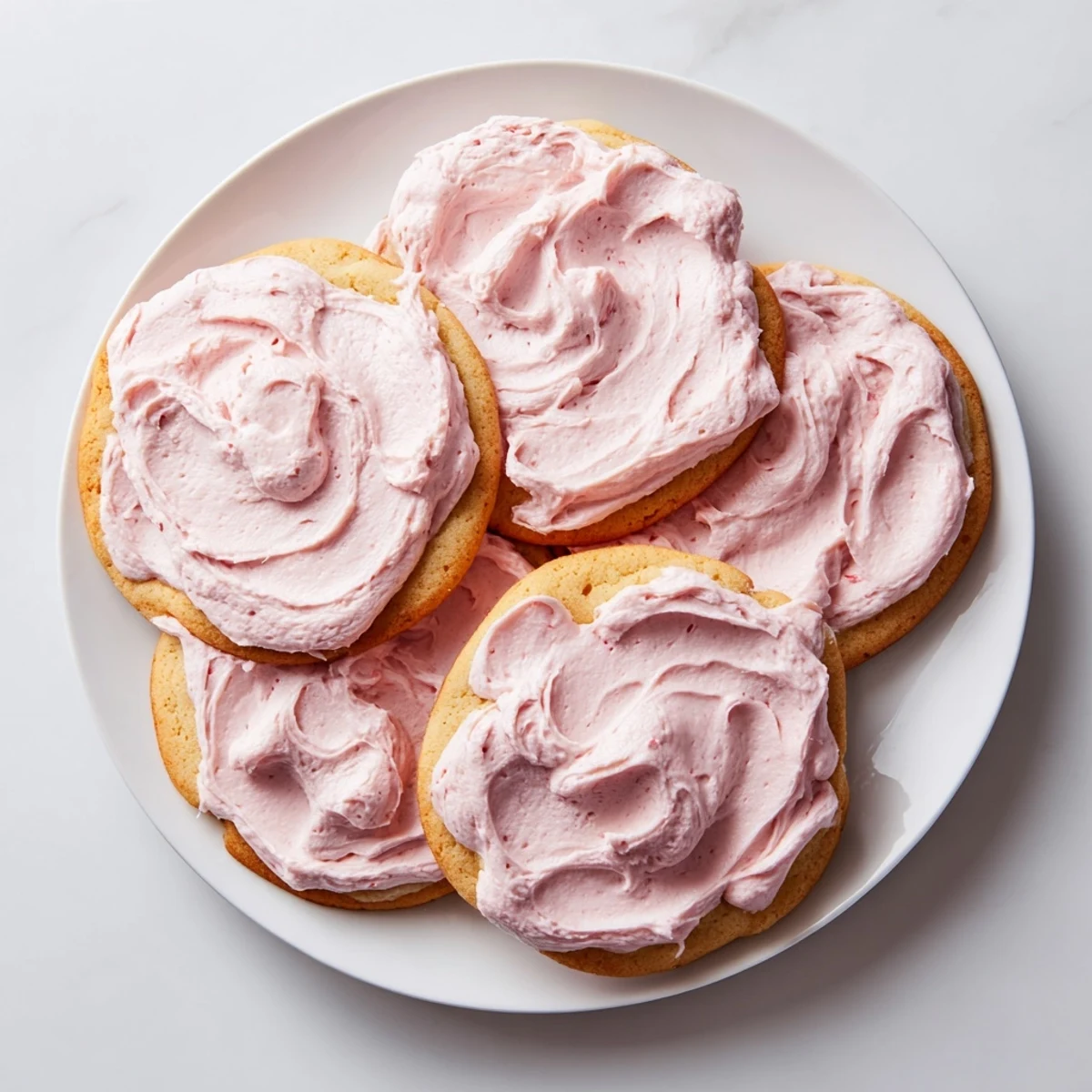 Freshly frosted giant Crumbl sugar cookies sit chilled on a plate, ready to be served as a sweet dessert treat.