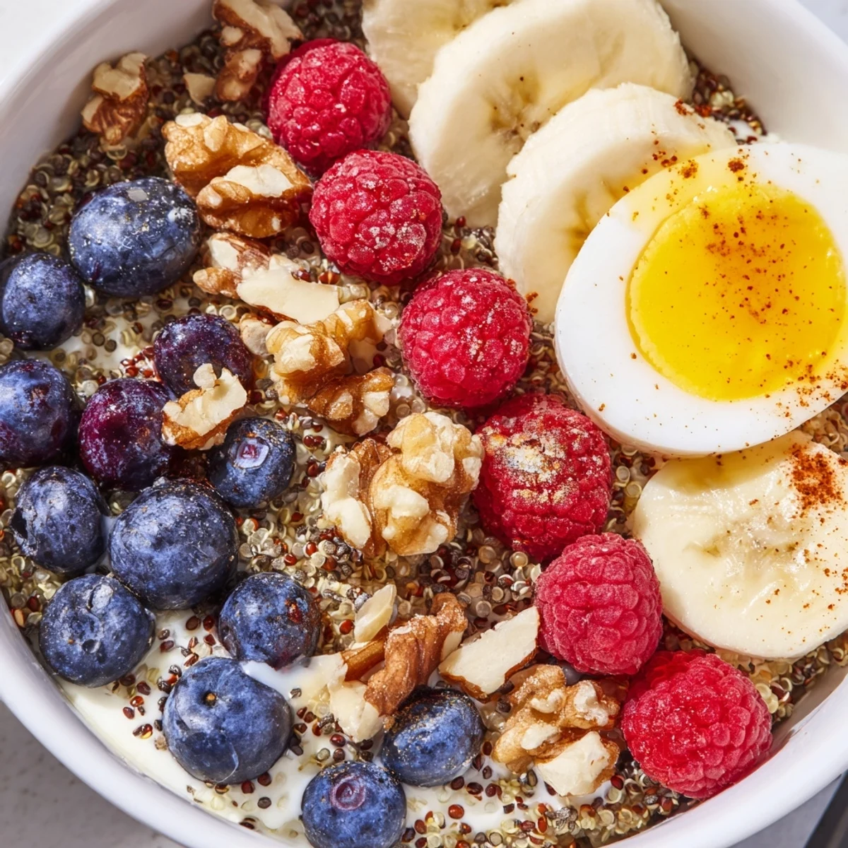 Colorful berries and halved eggs sit atop the Dietitians Balanced Breakfast Bowl, served with a cup of black coffee.