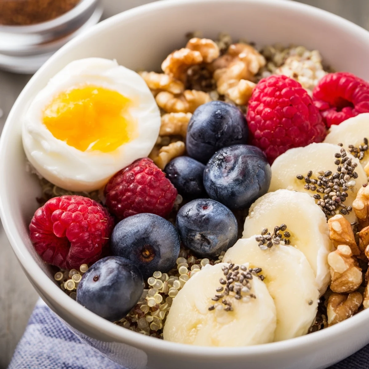 The Dietitians Balanced Breakfast Bowl shows sliced banana, walnuts, chia seeds, and a honey drizzle for texture.