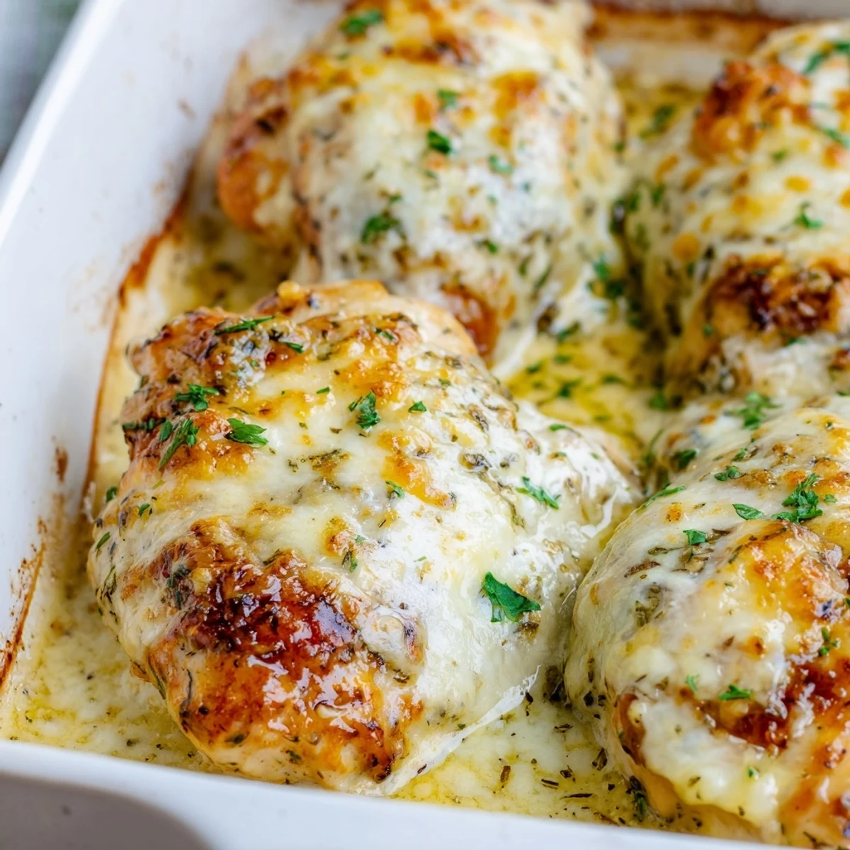 Golden, bubbly Parmesan and mozzarella topping on Creamy Parmesan Baked Caesar Chicken, served hot from the oven.