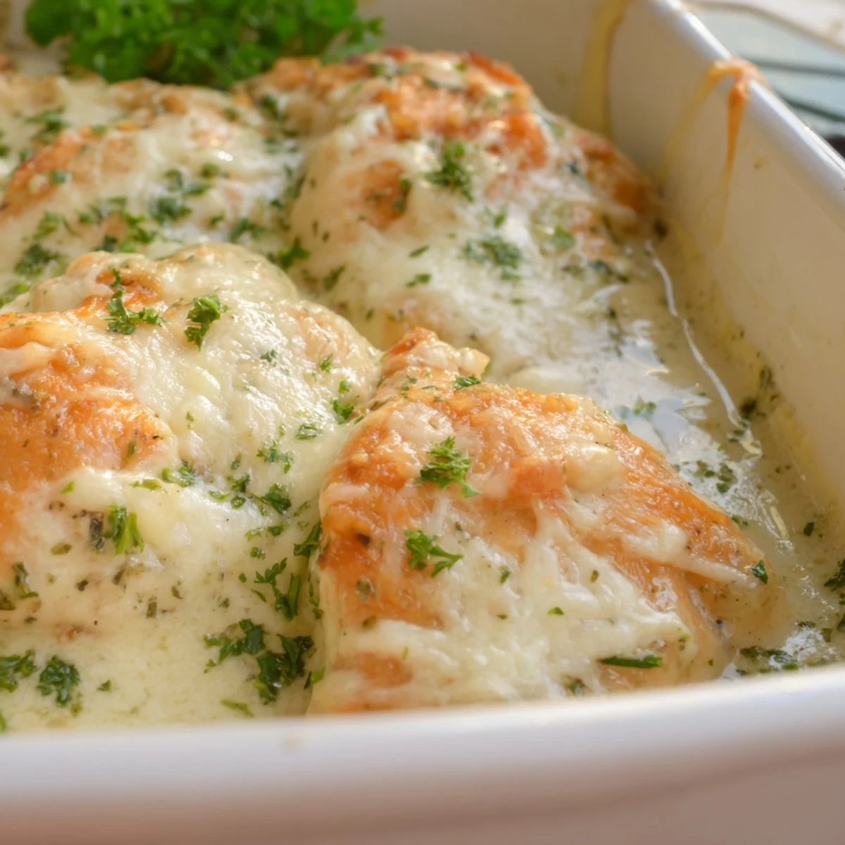 Tender chicken breasts coated in a rich, creamy Caesar sauce, ready to be served with a fresh salad.