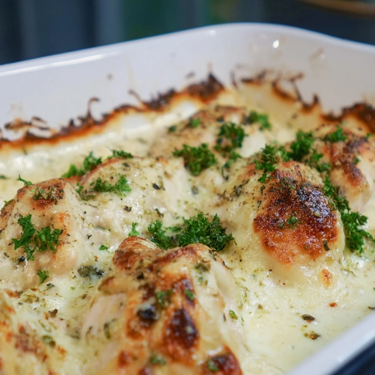 Sizzling Creamy Parmesan Baked Caesar Chicken emerging from the oven, featuring a golden, cheesy crust perfect for dinner.