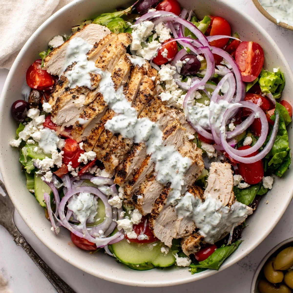 Juicy chicken breast nestled in a vibrant Greek salad with crisp cucumbers, olives, and a drizzle of dill yogurt sauce.