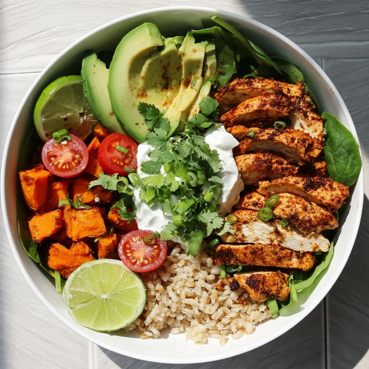 Bright cherry tomatoes and creamy avocado slices add color and texture to this wholesome chicken sweet potato rice bowl served with a lime wedge.