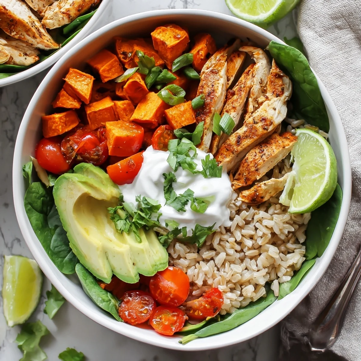 A vibrant gluten free wholesome chicken sweet potato rice bowl features golden roasted veggies, tender sliced chicken, and a dollop of Greek yogurt.
