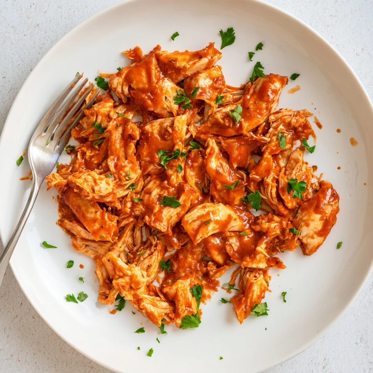 A close-up of succulent chicken breasts coated in sticky barbecue sauce, served over steaming mashed potatoes. This Sweet Baby Rays Crockpot Chicken is a comforting and easy family meal.