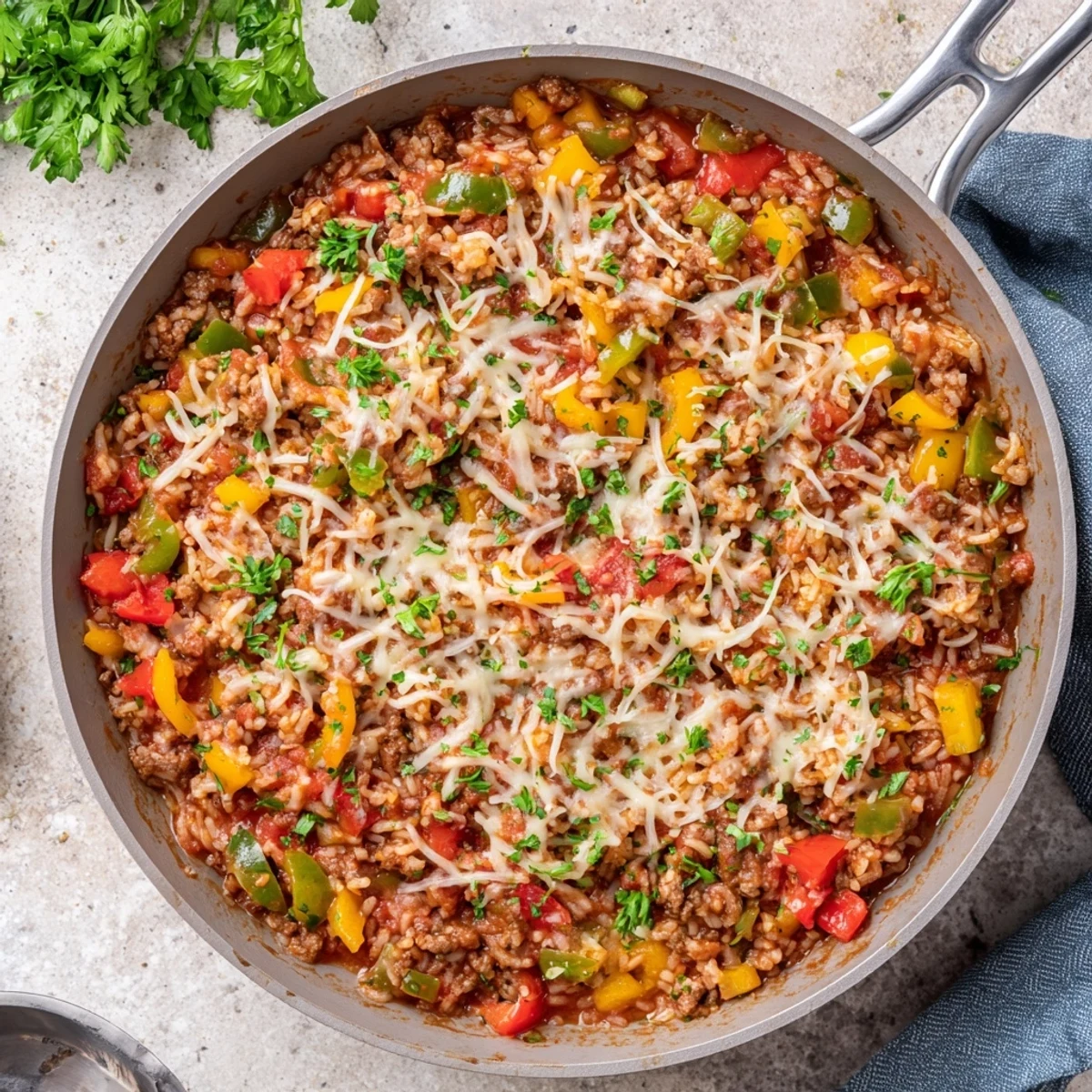 This one-pan Unstuffed Pepper Skillet features tender peppers, beef, and rice in a savory tomato sauce.