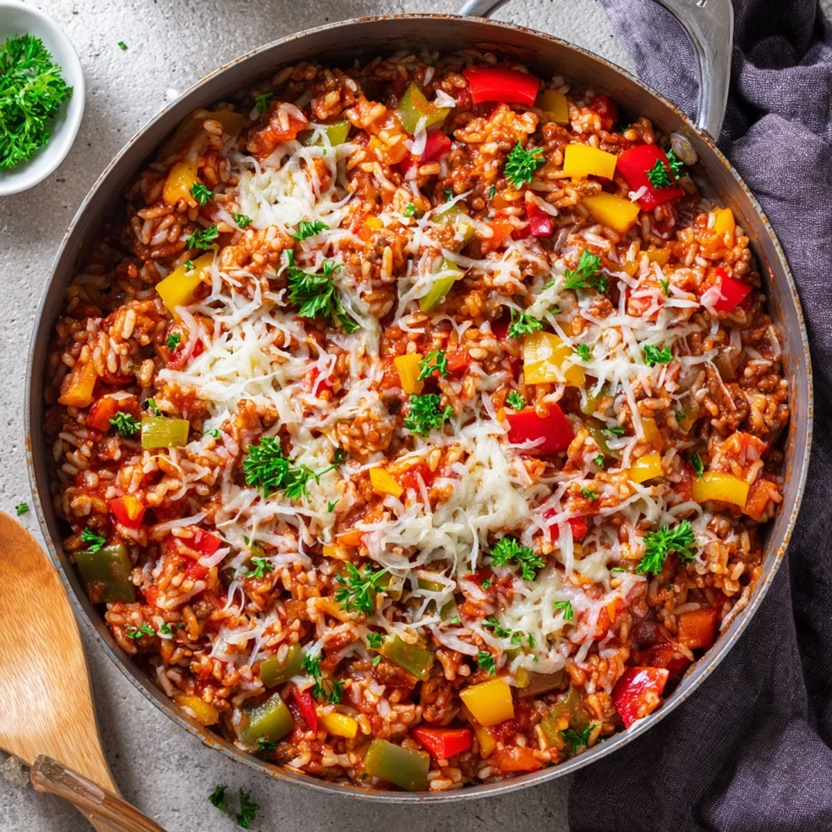 A hearty skillet of Unstuffed Pepper Skillet with melted mozzarella and fresh parsley garnish.