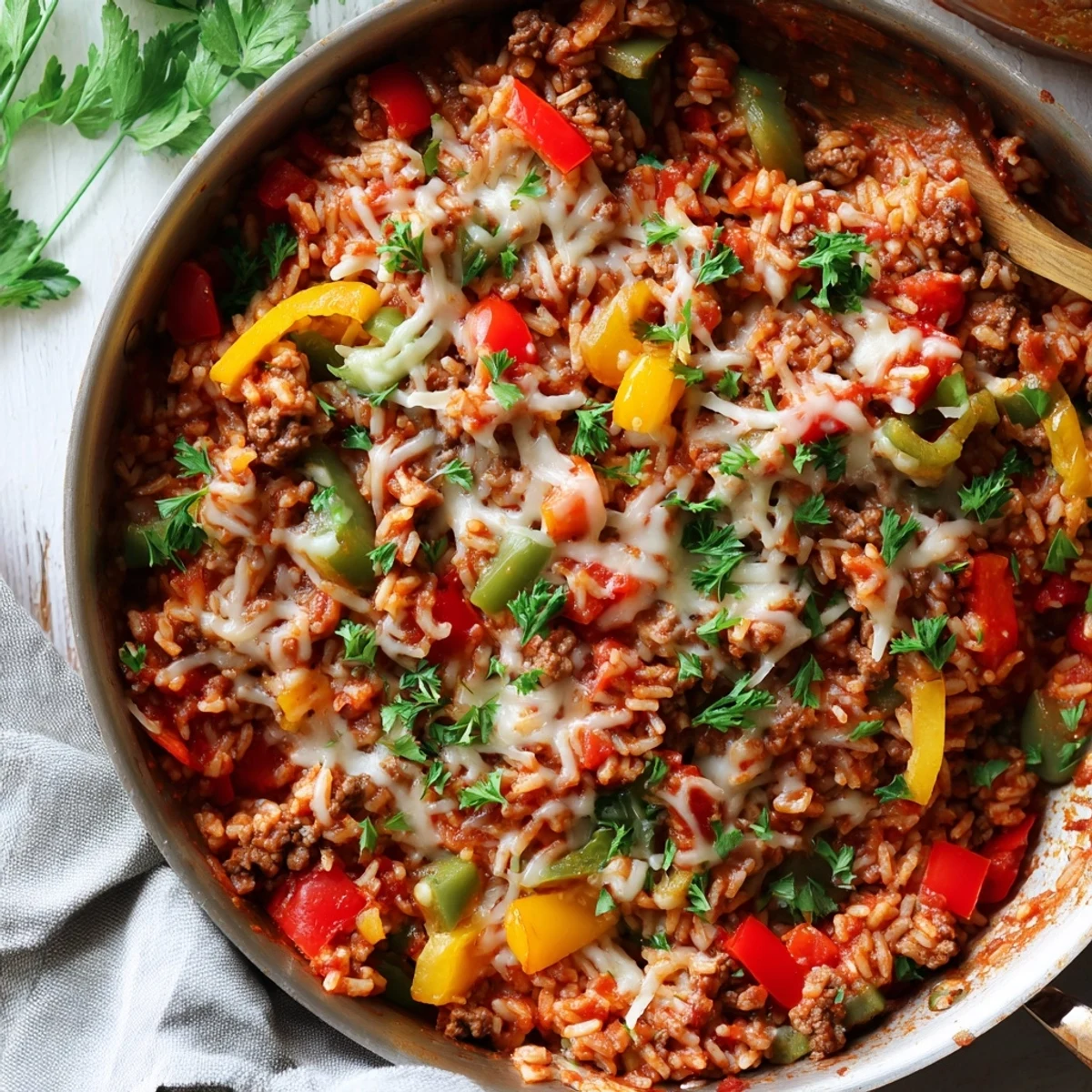 Sizzling Unstuffed Pepper Skillet topped with melted cheese and fresh herbs in a rustic pan.