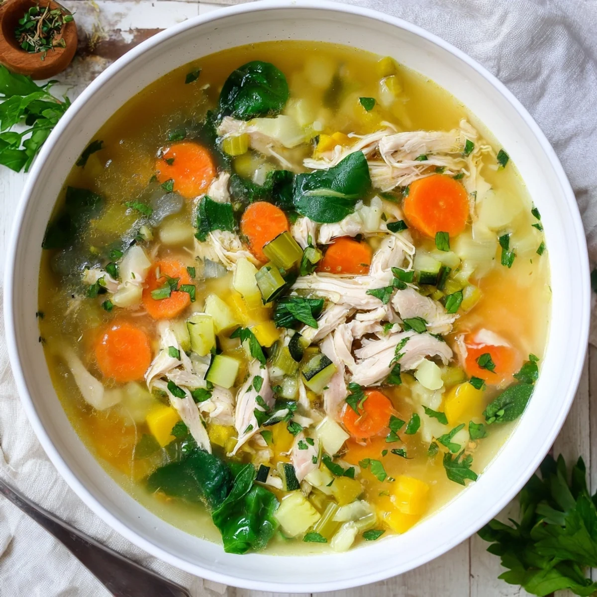 Ladle of The Best Healing Chicken Soup with vibrant zucchini, spinach, and turmeric broth, served beside crusty bread.
