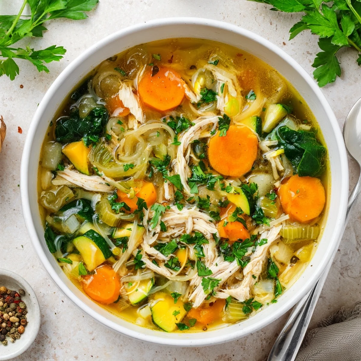 Steaming bowl of The Best Healing Chicken Soup with tender shredded chicken, carrots, celery, and fresh parsley garnish.