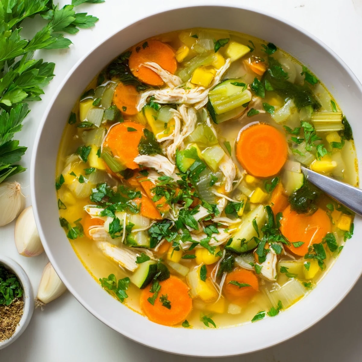 Comforting The Best Healing Chicken Soup in a rustic pot, featuring aromatic herbs, lemon juice, and immune-boosting vegetables.