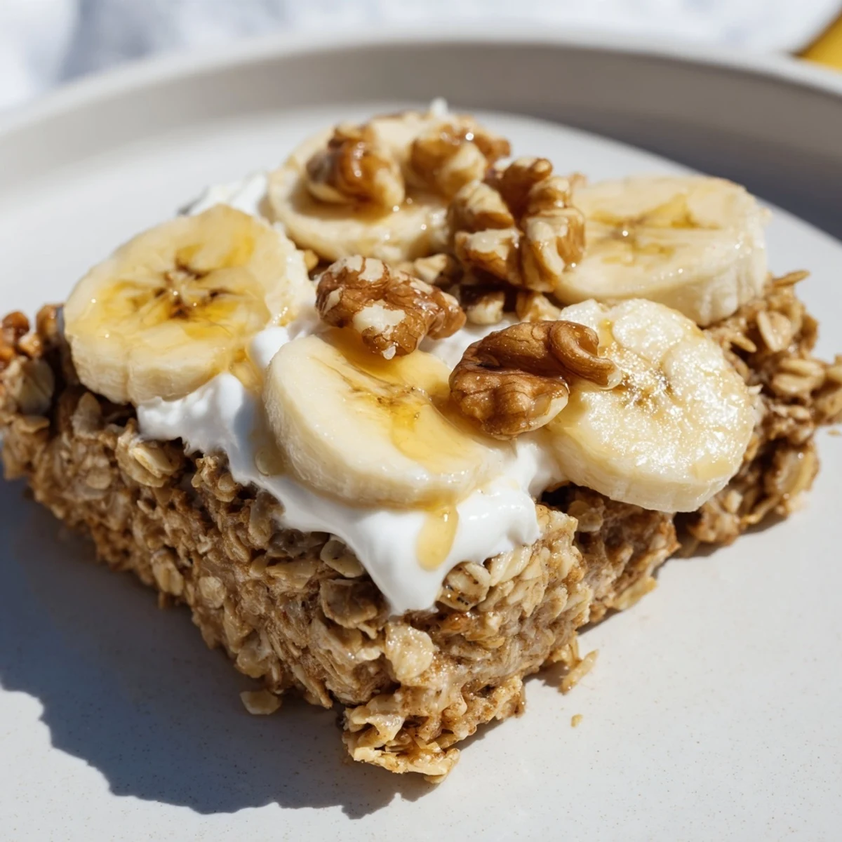 A close-up of Banana Baked Oatmeal with Greek Yogurt, showing golden oats and creamy topping.