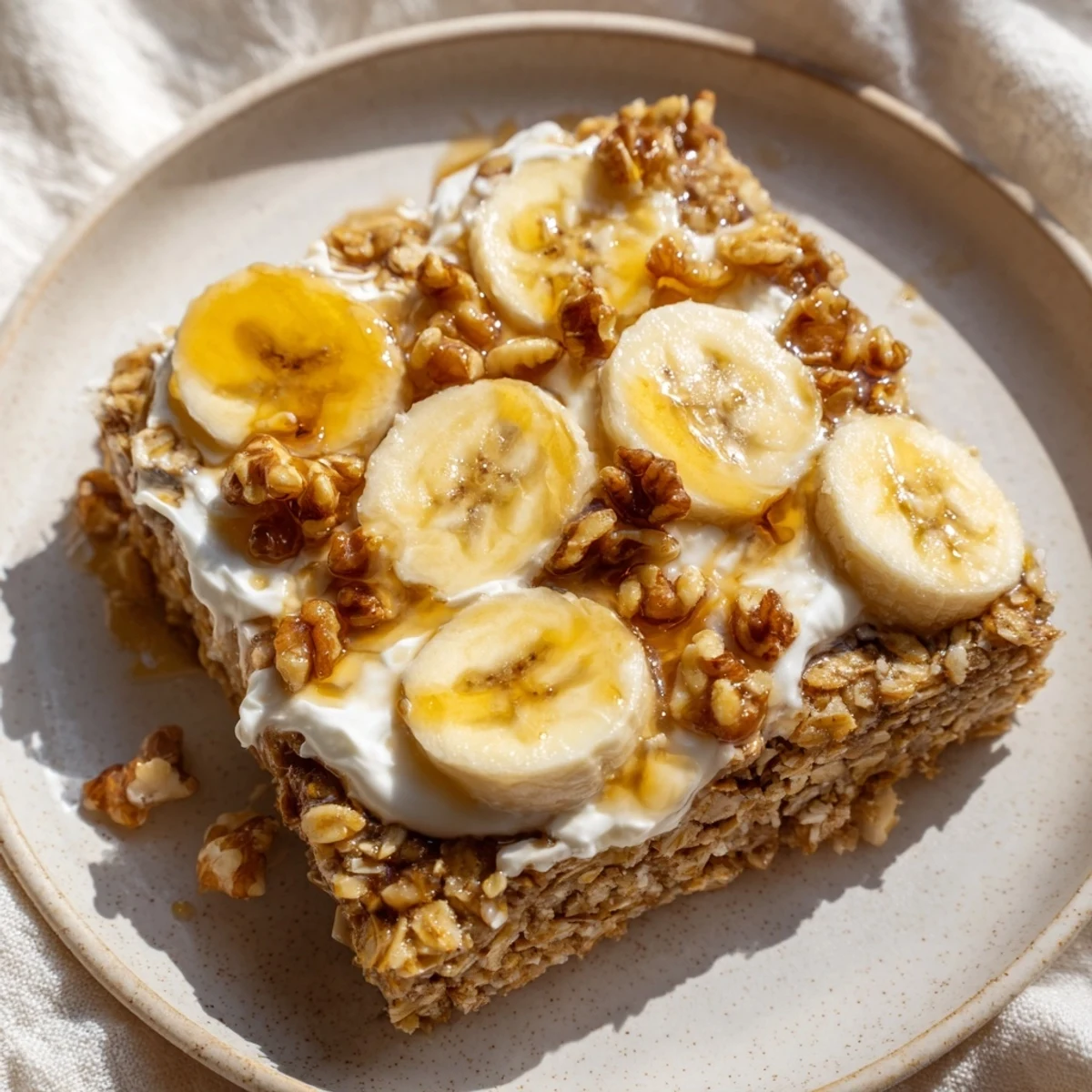 A slice of Banana Baked Oatmeal with Greek Yogurt on a plate, topped with banana and walnuts.