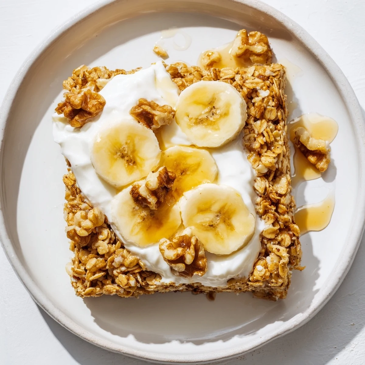 A wholesome serving of Banana Baked Oatmeal with Greek Yogurt, featuring a rich texture and maple drizzle.