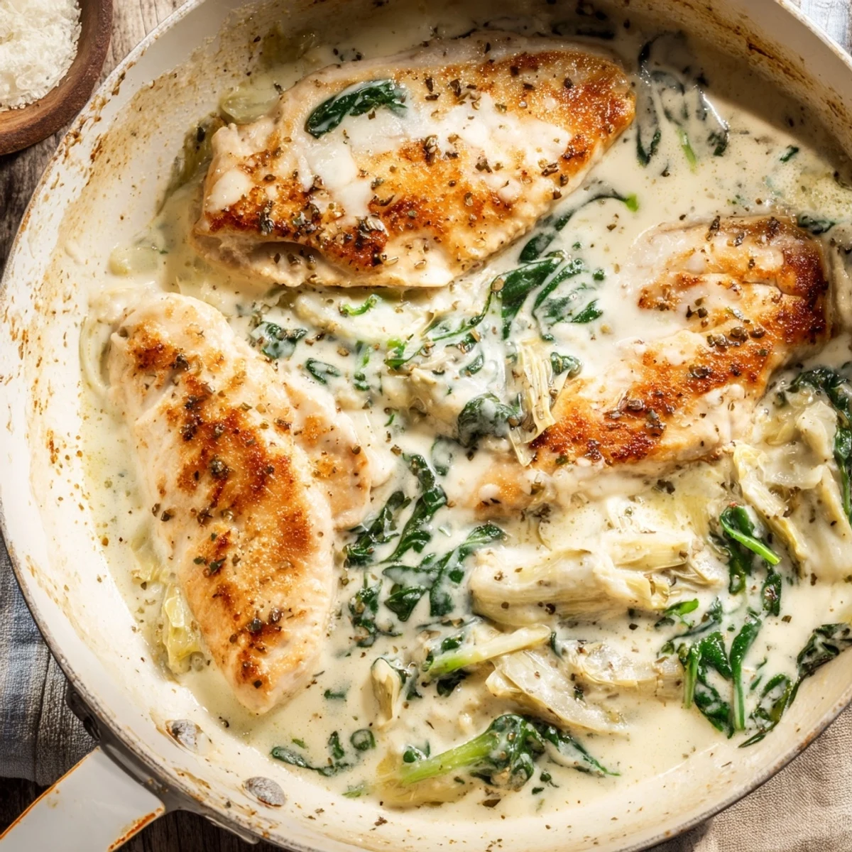 Golden-brown chicken breasts in a skillet, smothered in a creamy spinach artichoke chicken with cottage cheese sauce and melted mozzarella.