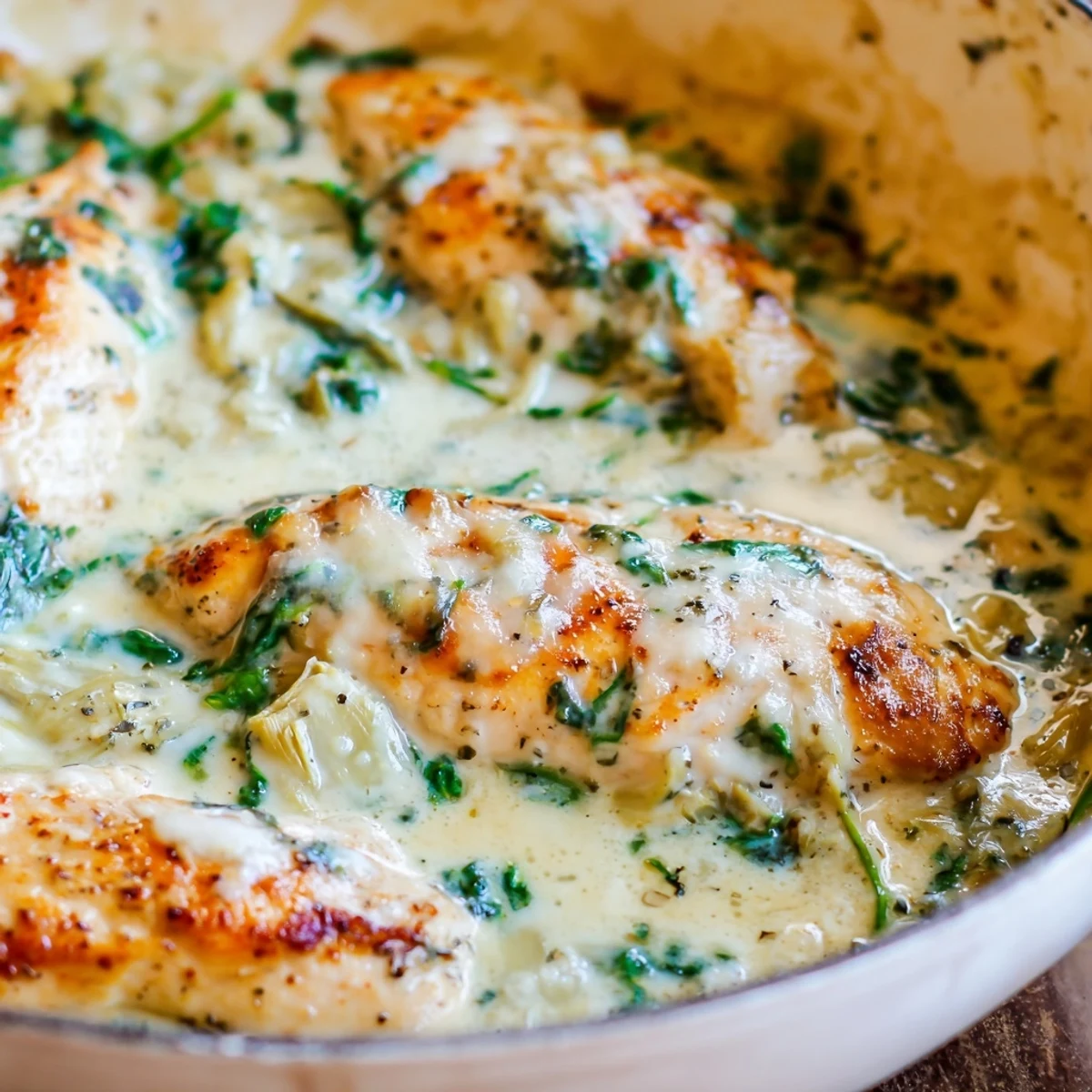 Serving suggestion for spinach artichoke chicken with cottage cheese over white rice, garnished with fresh herbs and extra Parmesan.