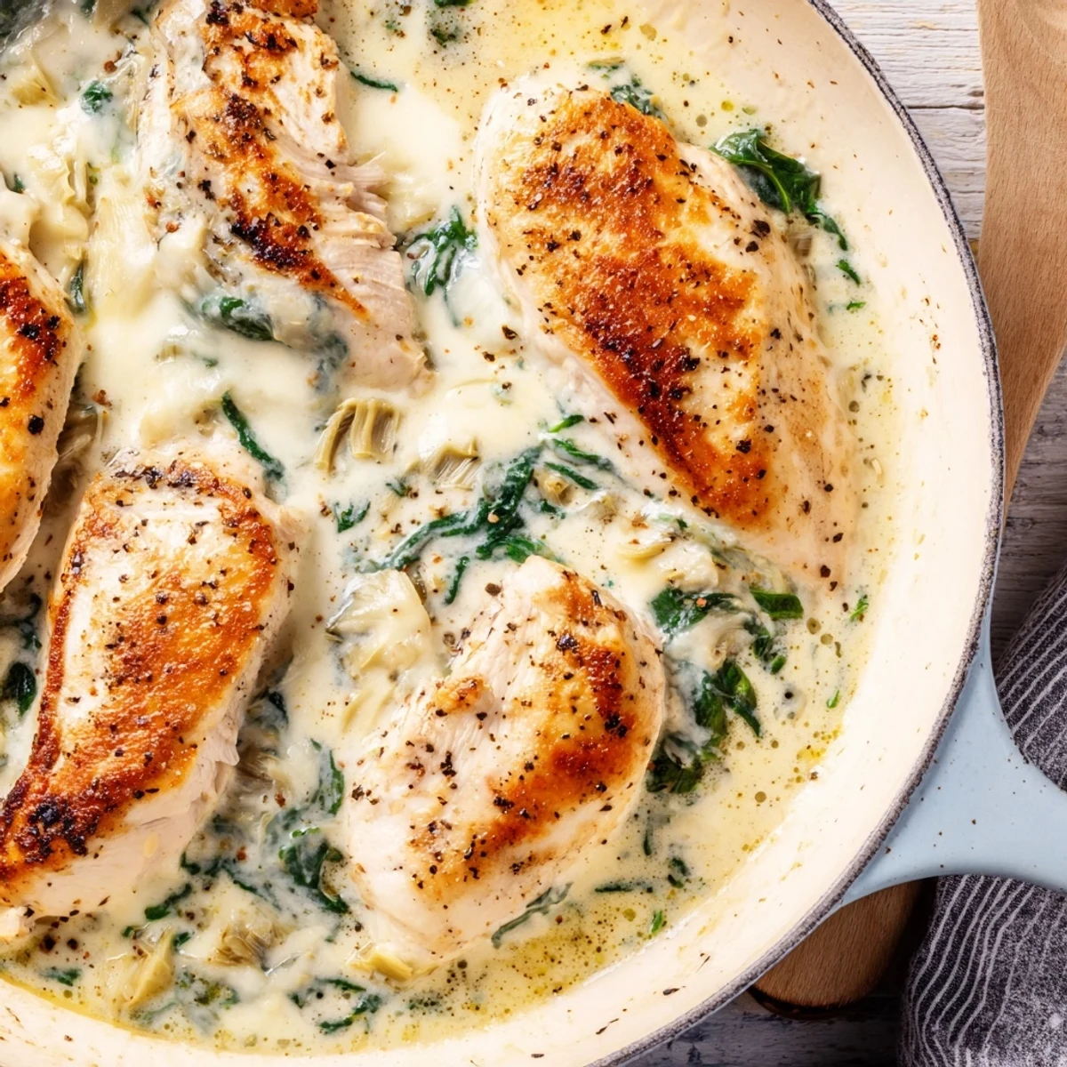Close-up of tender spinach artichoke chicken with cottage cheese, featuring wilted greens and chopped artichokes in a rich, cheesy glaze.