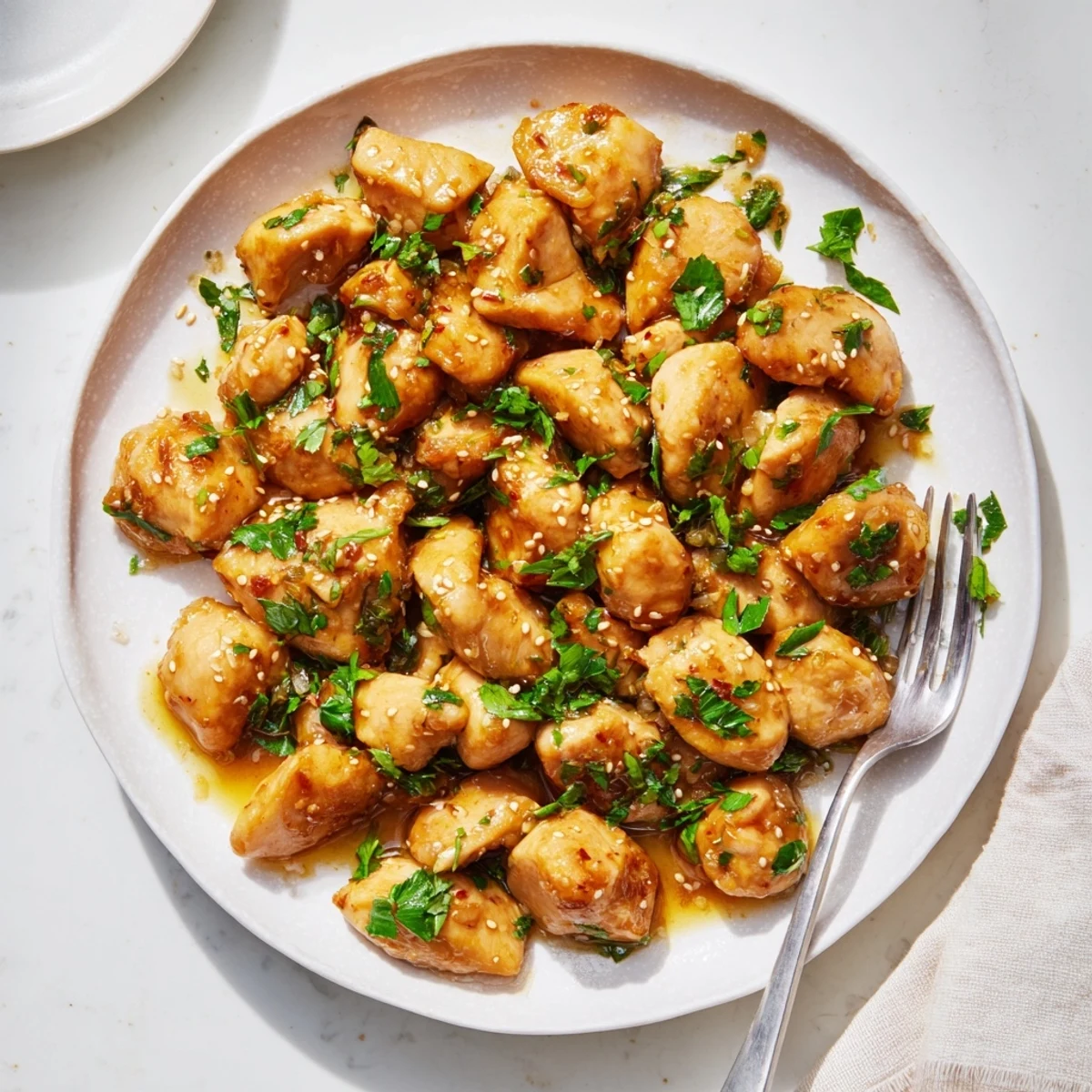 Golden glazed pieces of Honey Butter Chicken glisten on a plate, garnished with fresh parsley and sesame seeds, ready to serve over steamed rice.