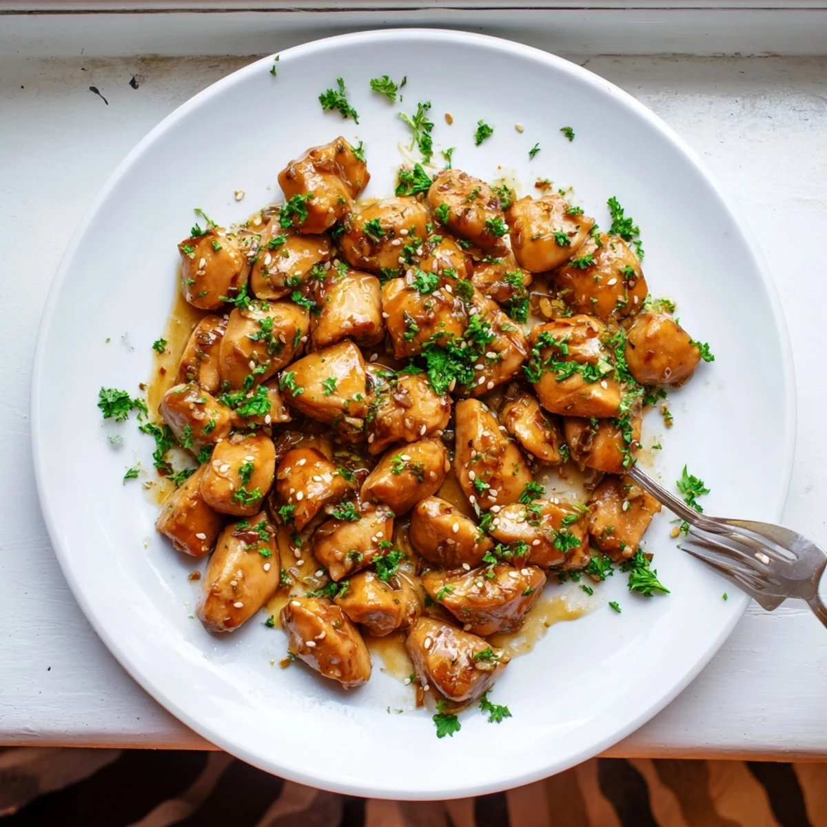 Honey Butter Chicken plated in a rustic skillet with a drizzle of sauce, fresh herbs, and a spoon ready to scoop.
