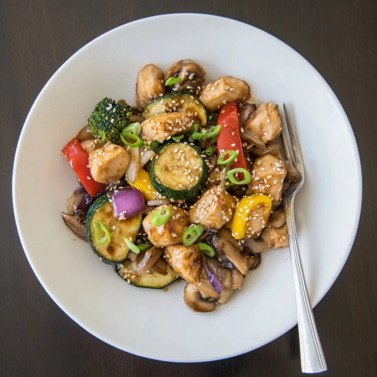 Golden-brown air-fried chicken and crisp vegetables for Perfect Easy Air Fryer Hibachi Chicken & Vegetables, served on a white platter.