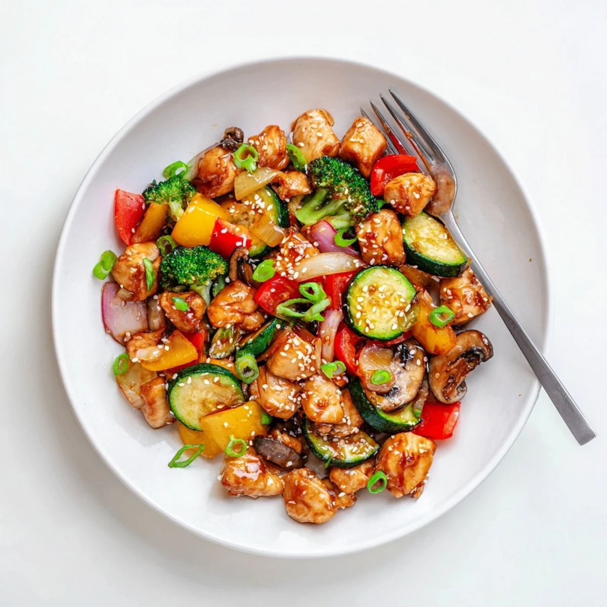 Perfect Easy Air Fryer Hibachi Chicken & Vegetables plated over steamed rice with sesame seeds and fresh green onions for a weeknight meal.