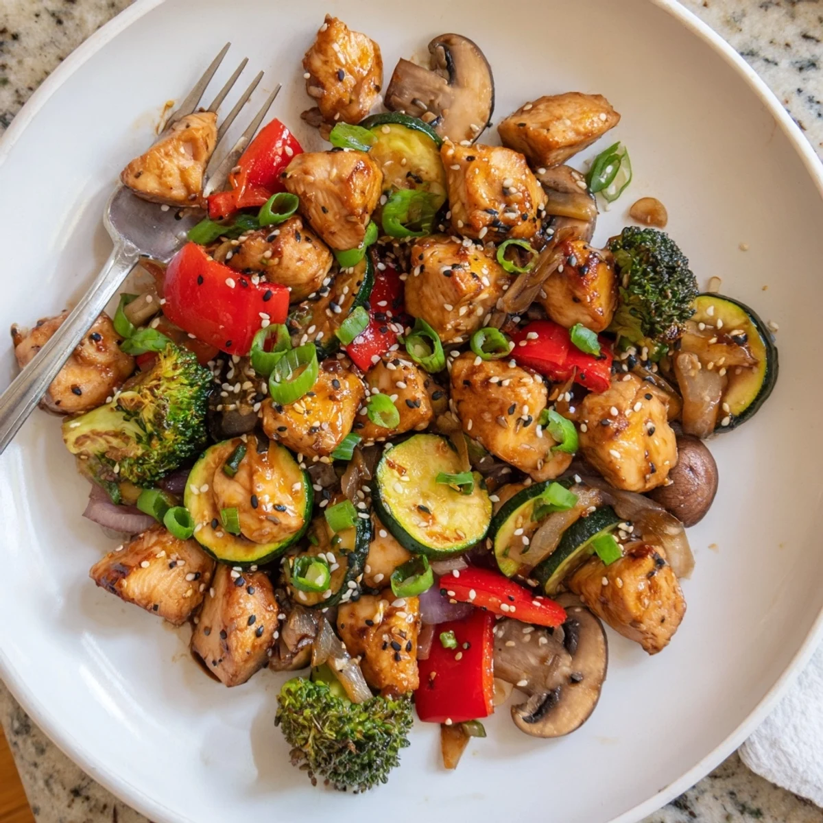 Sizzling close-up of air fryer basket showing juicy chicken and tender broccoli for Perfect Easy Air Fryer Hibachi Chicken & Vegetables.