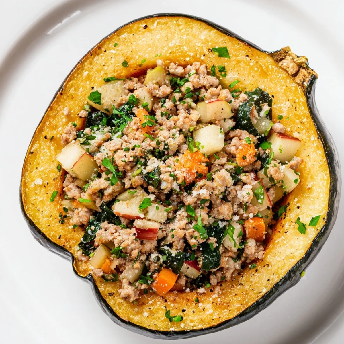 Golden-brown Turkey Stuffed Acorn Squash served hot, revealing a hearty turkey and vegetable filling.