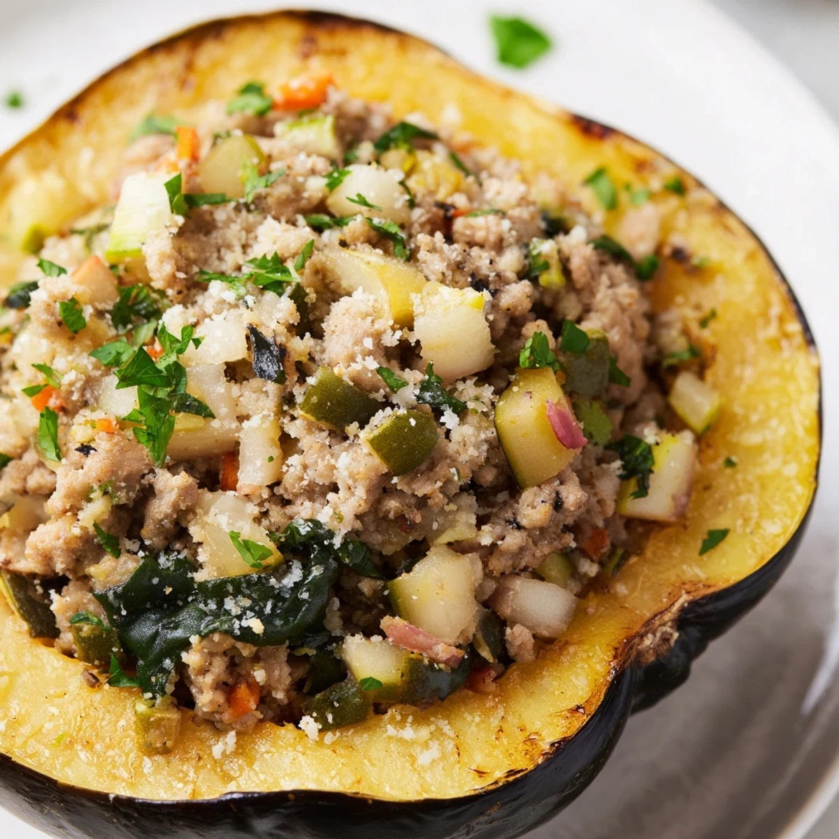 Roasted acorn squash halves filled with savory turkey stuffing, topped with melted Parmesan and fresh parsley.