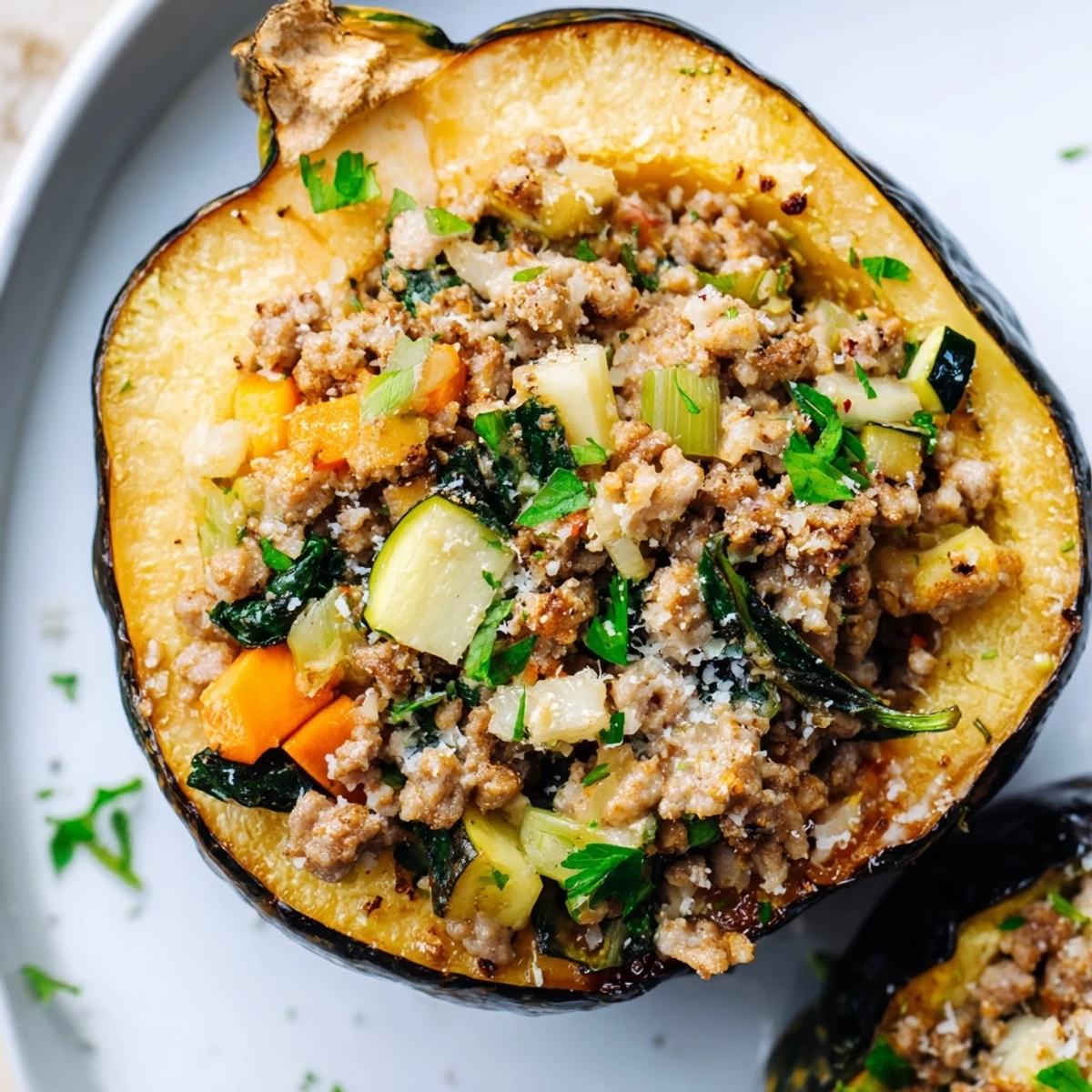 Autumn-inspired Turkey Stuffed Acorn Squash with sage-spiced turkey, sweet apple, and tender squash shell.