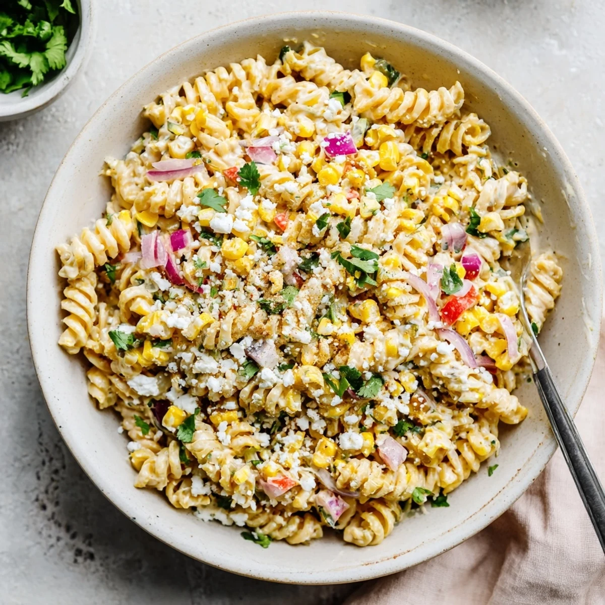 A chilled bowl of Mexican Street Corn Pasta Salad garnished with cilantro, lime wedges, and smoky chili powder.