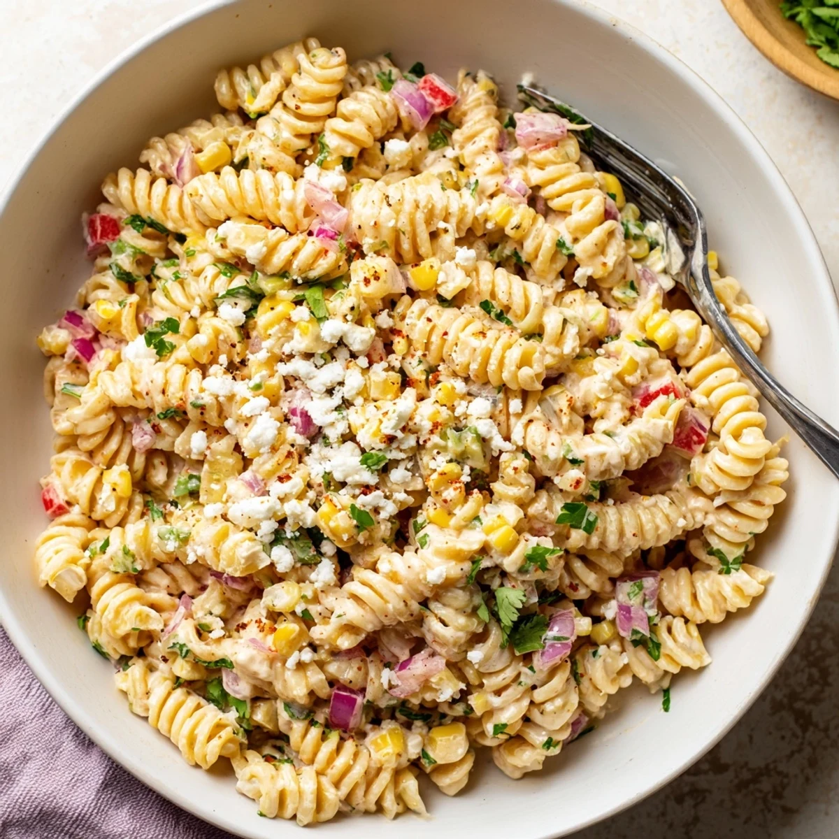 A close-up of Mexican Street Corn Pasta Salad with creamy dressing and crumbled cotija cheese on a rustic platter.