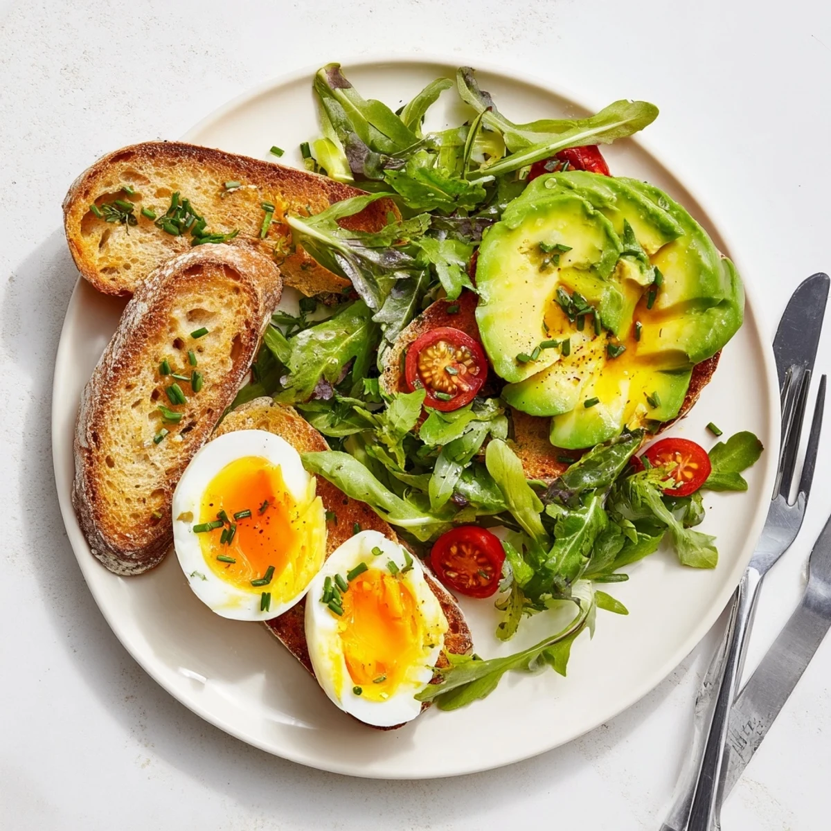The Savory Breakfast Plate with Soft Eggs, Toast & Greens sits on a wooden table with drizzled dressing.