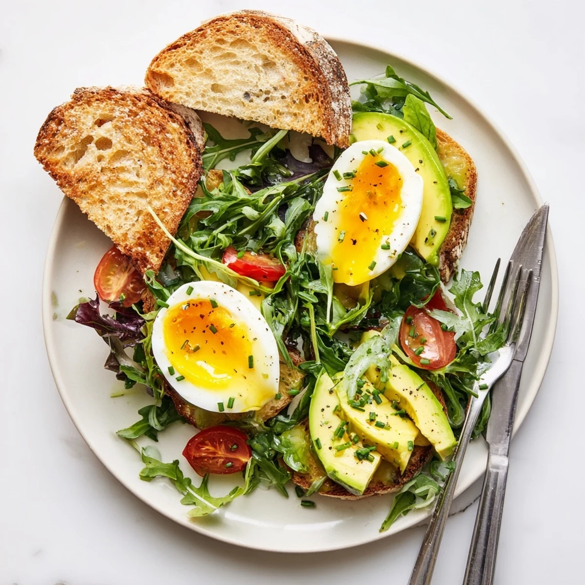 A close-up of the Savory Breakfast Plate with Soft Eggs, Toast & Greens, showing creamy yolk and fresh greens.