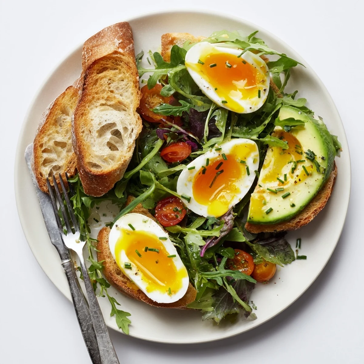 An inviting overhead view of the Savory Breakfast Plate with Soft Eggs, Toast & Greens, garnished with herbs.