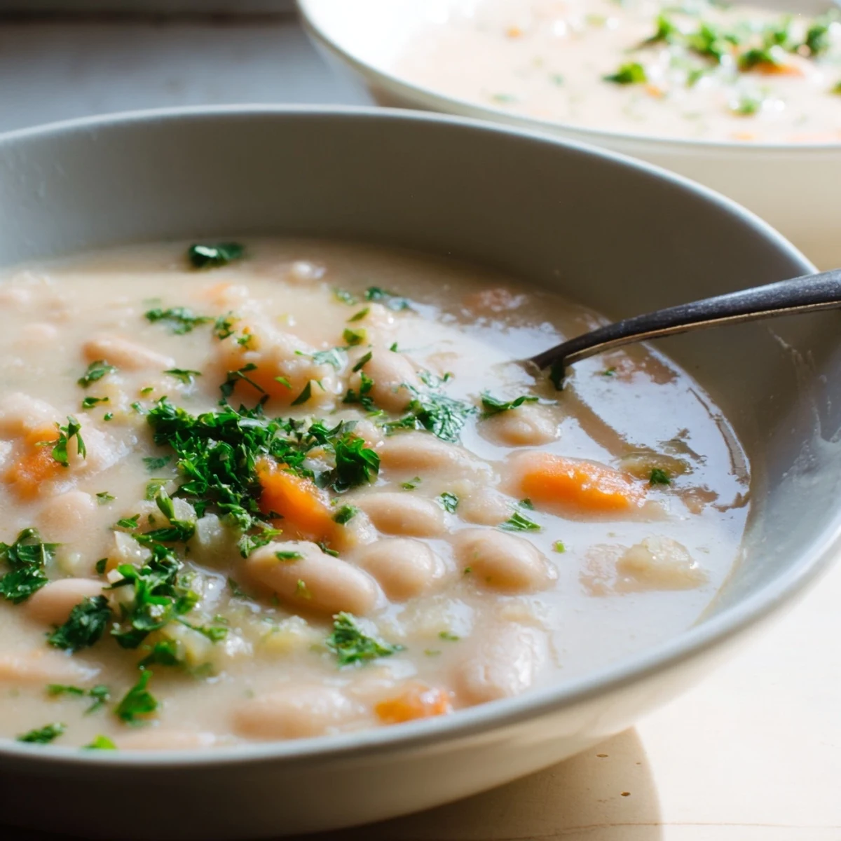 A warm bowl of Cozy Rosemary Garlic White Bean Soup topped with fresh parsley and served alongside crusty bread.