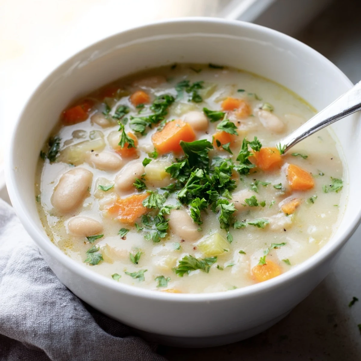 Creamy Cozy Rosemary Garlic White Bean Soup simmering in a pot with aromatic herbs and diced carrots visible.