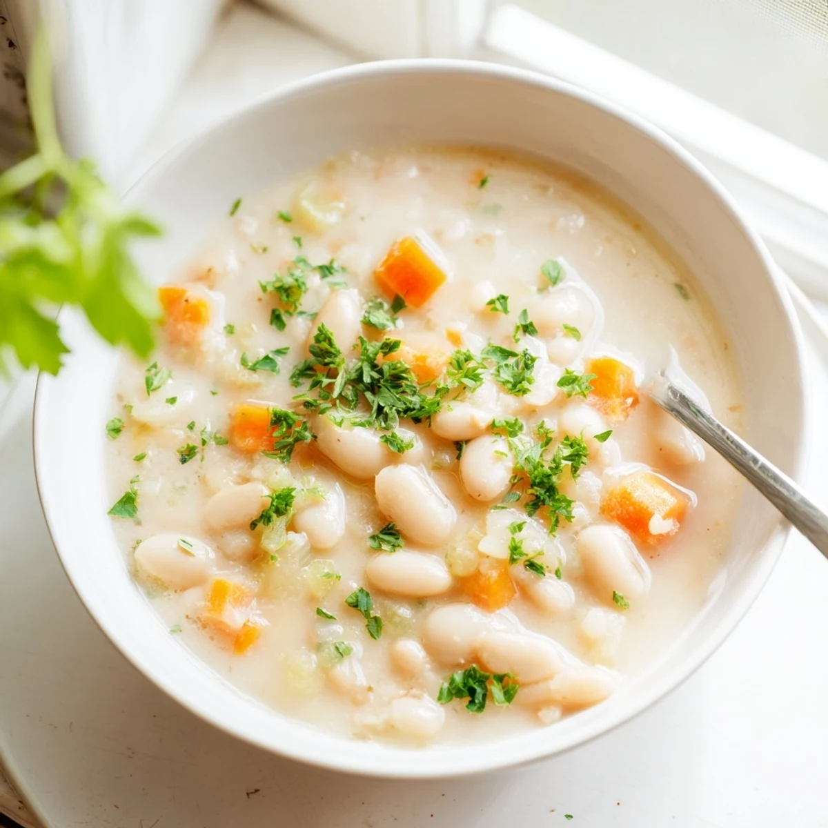 Hearty Cozy Rosemary Garlic White Bean Soup in a rustic bowl, steam rising, ready for a chilly evening.