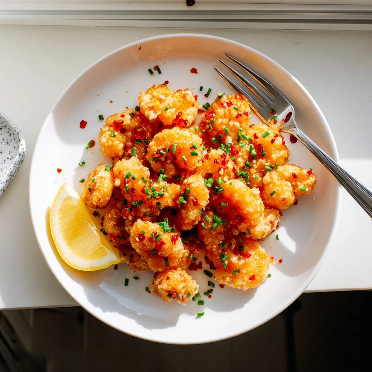 Crispy golden Hot Honey Fried Shrimp glistening with spicy glaze, served with lemon wedges and fresh chives on a plate.
