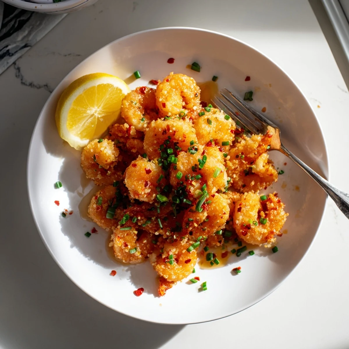 Freshly fried Hot Honey Fried Shrimp with crunchy panko, drizzled honey glaze and red pepper flakes for extra kick.