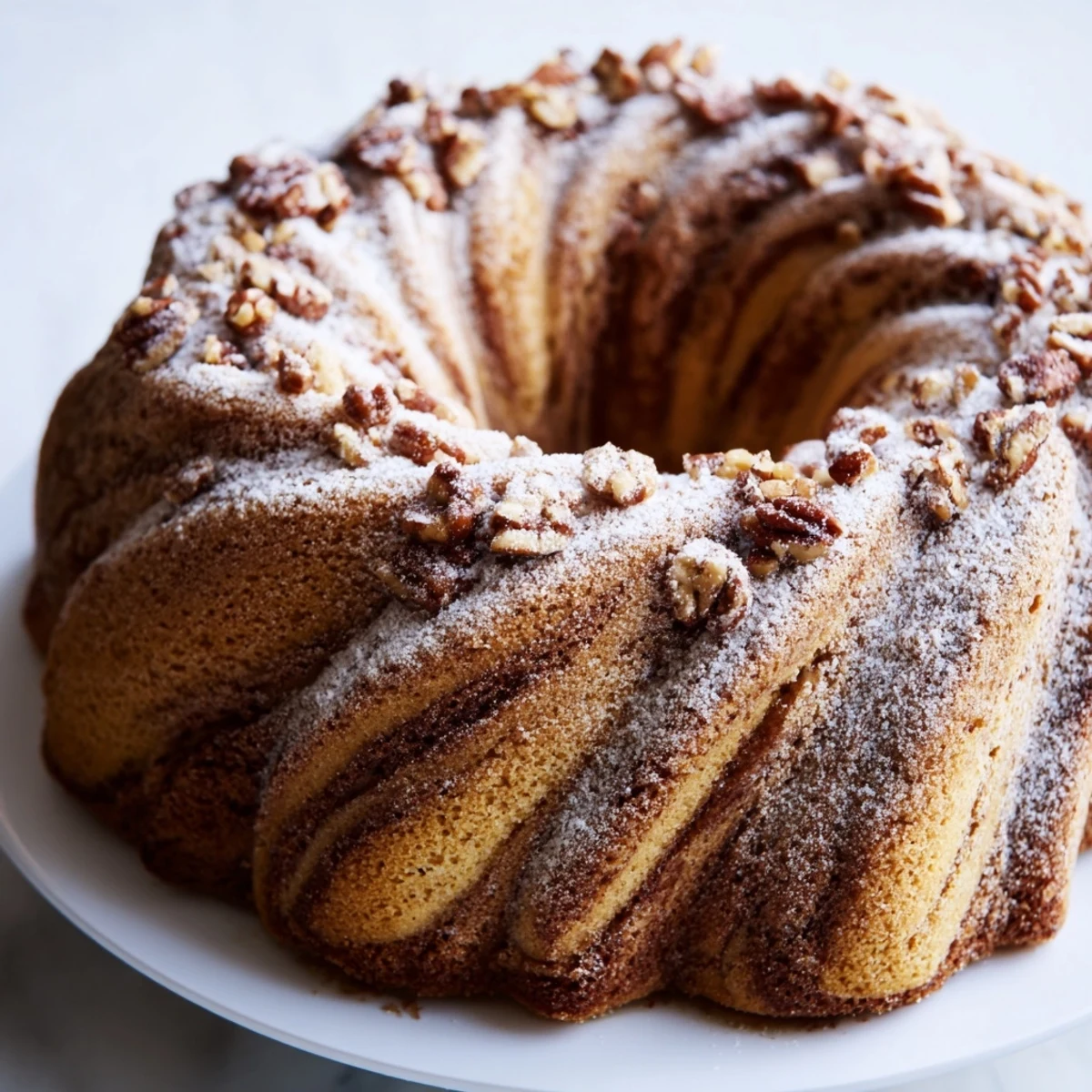 A glazed Easy Breakfast Bundt Coffee Cake dusted with powdered sugar sits on a wooden board, ready to slice.