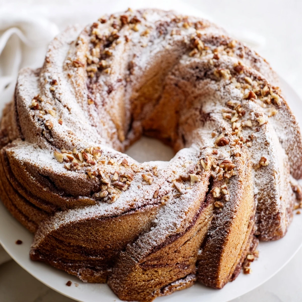 Freshly baked Easy Breakfast Bundt Coffee Cake with cinnamon swirl and chopped pecans on a cooling rack, warm crumbs visible.