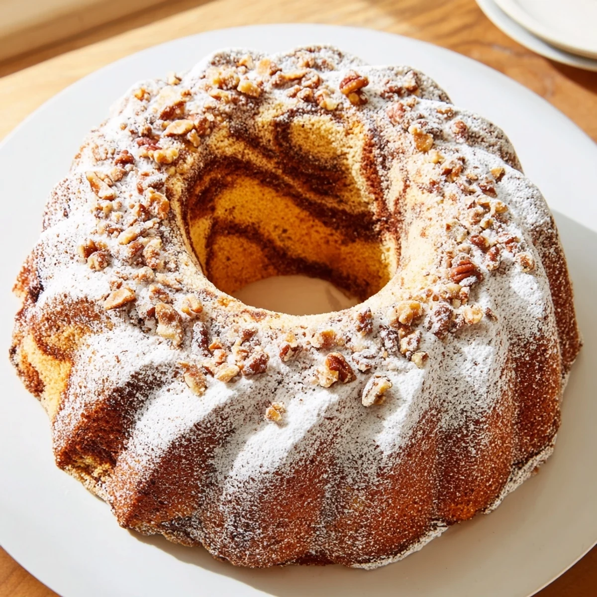 Moist Easy Breakfast Bundt Coffee cake served with coffee on a sunny breakfast table, sliced to reveal marbled interior.
