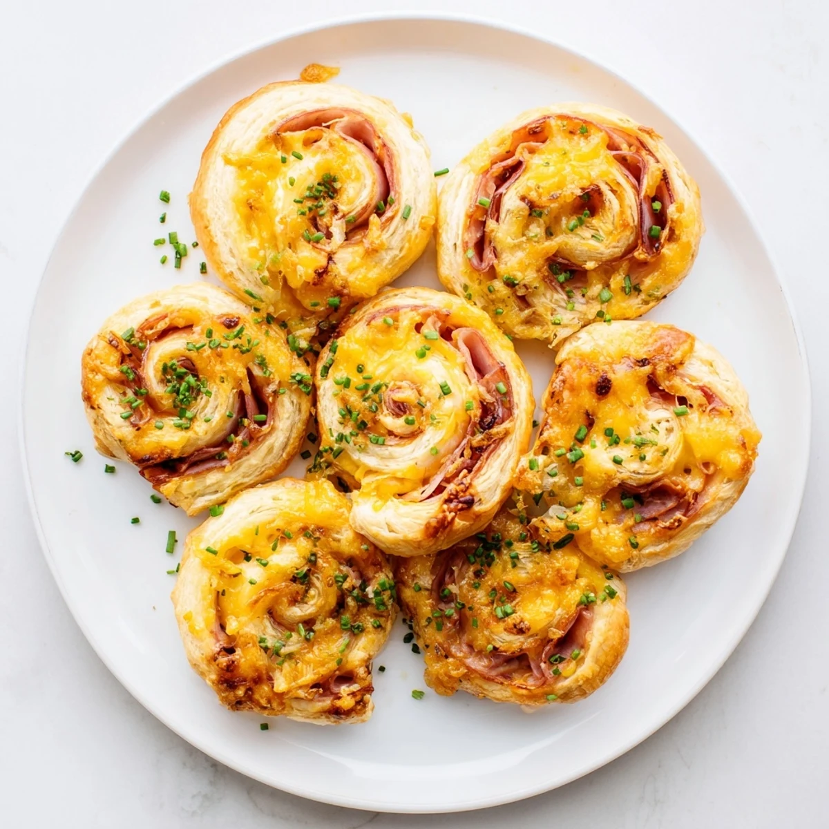 Golden, flaky Easter Ham Cheddar Pinwheels fresh from the oven, showcasing melted cheese and savory ham on a baking sheet.